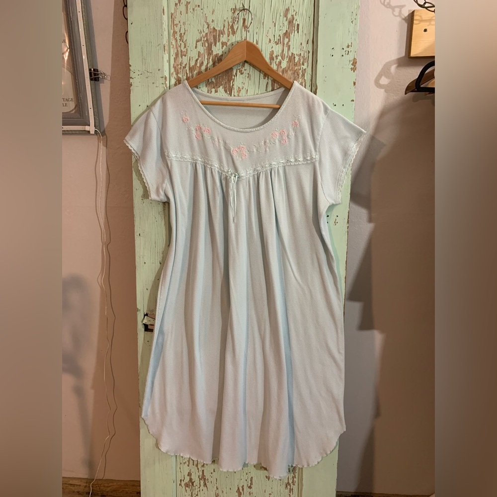 Light Blue Nightgown with Pink Embroidery
